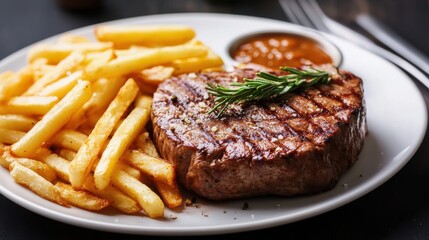 Grilled steak accompanied by golden fries on a dish.