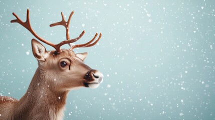 A deer with antlers is standing in the snow