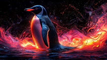 Semiabstract penguin with swirling neon ice patterns symbolizing adaptability resilience and family