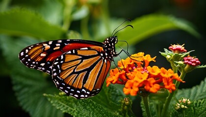 Fototapeta premium A detailed close-up captures a monarch butterfly delicately perched on bright orange flowers, with the intricate patterns of its wings beautifully displayed. The vibrant colors of the butterfly and