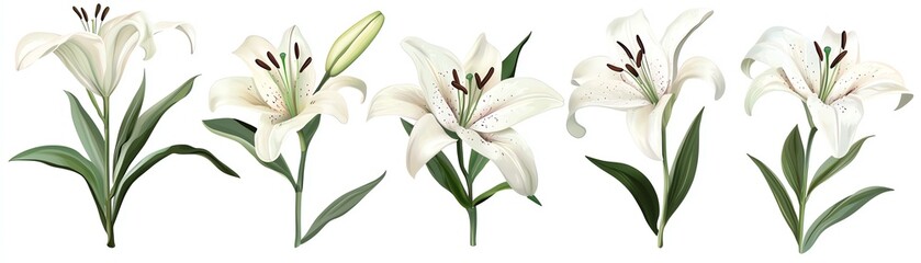 A beautiful collection of white lilies showcasing delicate petals and lush green leaves, perfect for floral designs and decorations.