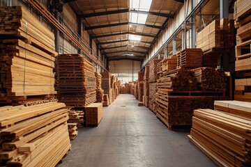 A wide shot of a warehouse with wooden planks. This photo is perfect for illustrating construction, carpentry, or lumber industry concepts.