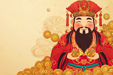 A joyful illustration of Chinese god of wealth, Cai Shen, surrounded by gold coins