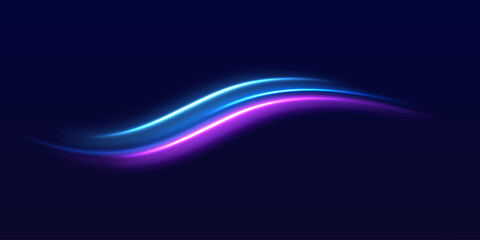 Lines in the shape of a comet against a dark background. Illustration of high speed concept. Motion light effect for banners. Curved light trail stretched upward. Fast speed car.