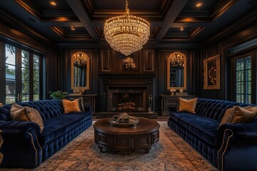 Fototapeta premium Elegant living room with dark decor, chandelier, and plush seating.