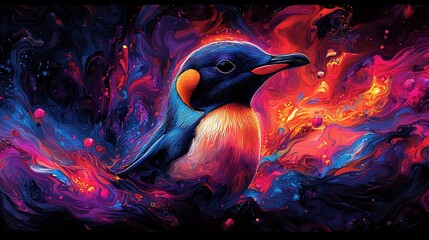 Semiabstract penguin with swirling neon ice patterns symbolizing adaptability resilience and family