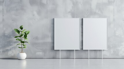 Minimalist interior design, two blank white frames against a textured gray wall, accompanied by a lush green potted plant adding a touch of nature to the space