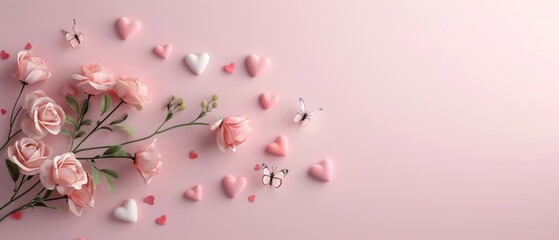 Fototapeta premium Delicate pink roses with small hearts and a butterfly on a soft pink background, creating a romantic and charming atmosphere perfect for celebrations.