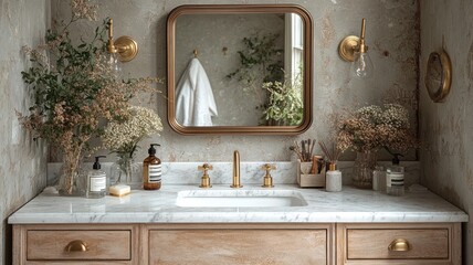 Elegant bathroom with marble sink and natural decor elements.
