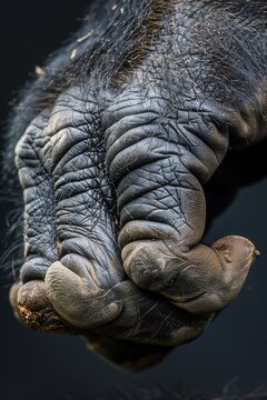 Macro shot of a silverback gorillas hand, revealing the detail and tactile ability, suitable for primate anatomy studies