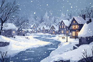 Fototapeta premium A snowy town background with quaint houses and frozen river creates serene winter scene
