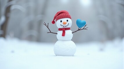 a snowman with a red hat and a blue heart on it