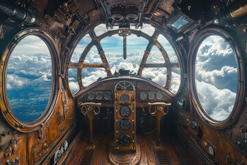 Steampunk inspired airship cockpit with vintage controls and clouds