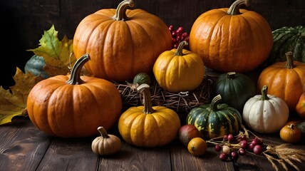 A charming display of pumpkins and fall decor on a rustic wooden table, celebrating the beauty of autumn in October.
