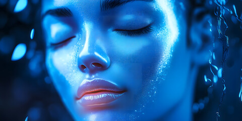 Futuristic blue avatar woman portrait with smooth glowing skin and closed eyes