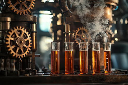 Steampunk inspired laboratory with test tubes and gears, showcasing creativity