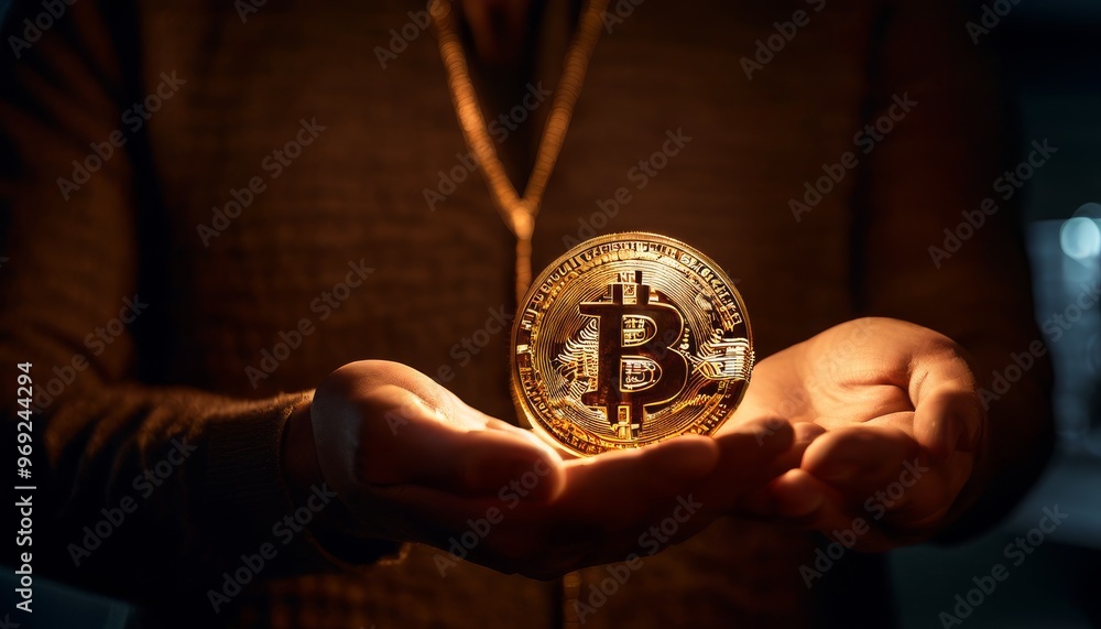 Poster close-up shot of hands holding a golden bitcoin symbol, representing cryptocurrency. the warm lighti