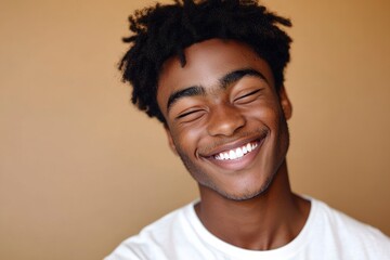 Happy young African American gen z guy winking isolated on beige background. Playful ethnic teen student, cool curly generation z teenager smiling with white perfect teeth, with generative ai