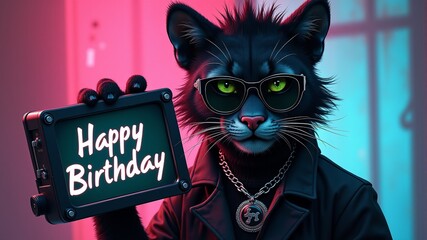 A cyberpunk cat with a sign that says "happy birthday".