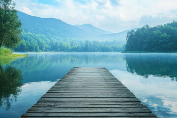 Fototapeta premium A tranquil paradise scene with wooden pier extending over calm water
