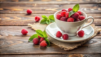 Tea cup with raspberries on a rustic wooden table, tea, raspberries, drink, beverage, refreshment, fruit, healthy, organic, red, fresh