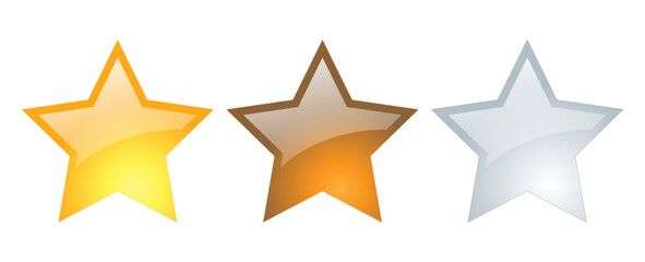 Vector illustration of stars with reflection isolated on a white background. Gold and bronze, silver stars