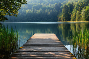A serene lake view with wooden pier surrounded by lush greenery