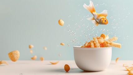 A whimsical illustration of a fish character leaping out of a bowl of fish and chips.