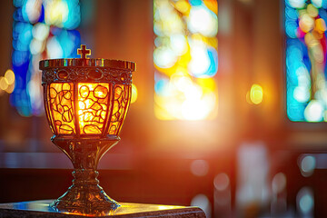 Fototapeta premium A vibrant close up of Catholic churchs tabernacle, illuminated beautifully
