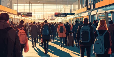 Crowded train station, people walking, bright lighting.