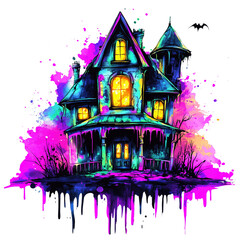 A haunted house with glowing windows covered in neon slime