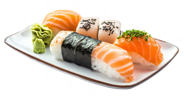 Sushi platter featuring various types of sushi including salmon nigiri, sushi rolls, and wasabi. vibrant colors and fresh ingredients create an appetizing presentation. 