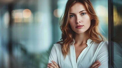 Naklejka premium Thoughtful Businesswoman with Crossed Arms Working in an Office, , Pensive, Professional