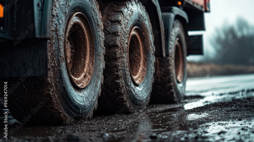 Canvas Prints Close-up of muddy truck tires on a wet road, showcasing industrial transport.