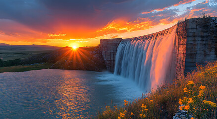 “Water Flows Over the Dam with Water Splashing and Crashing, Creating a Dynamic and Powerful Scene”
