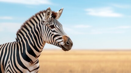 A zebra is standing in a field with a clear blue sky in the background