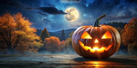 Obraz premium A jack-o'-lantern's glowing face illuminates the spooky darkness of Halloween night, its orange light dancing across