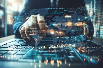 Person's hand interacting with a digital world map, data, and graphs on a laptop screen.