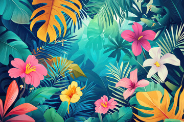 A vibrant illustration of tropical paradise with exotic flowers and lush greenery
