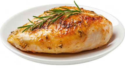 Juicy grilled chicken breast garnished with fresh rosemary, served on white plate. This dish showcases deliciously golden brown exterior, perfect for healthy meal. 