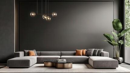 A modern luxury living room with marble furniture, plush velvet seating, and a large statement chandelier, 3D rendering, Glamorous and elegant