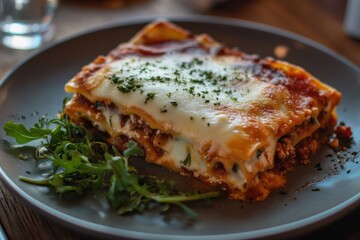 A hearty slice of homemade lasagna with melted cheese oozing from the layers