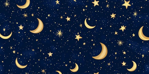 Golden moons and stars on blue background.