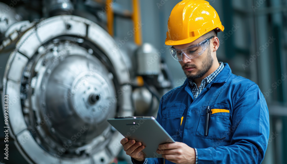 Poster engineer performing calibration checks on a manufacturing machine to ensure quality output, calibrat