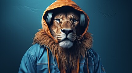 Lion in human trendy fashionable clothes. Neural network ai generated art