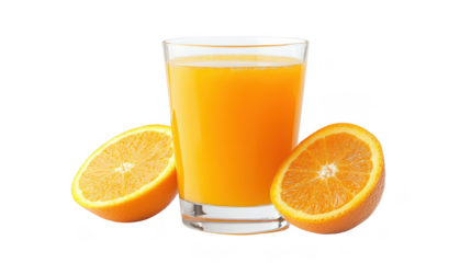 Fresh orange juice in glass with halved oranges beside it, showcasing vibrant colors and refreshing look. Perfect for healthy lifestyle or breakfast. 