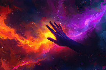 A vibrant illustration of hand reaching into cosmic universe, filled with colors