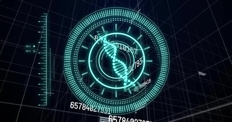 Animation of scope scanning with dna strand over diagrams and data processing - Powered by Adobe