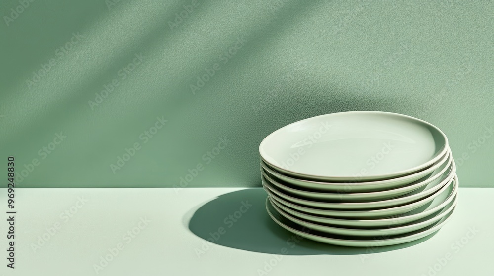 Poster a stack of minimalist plates on a soft green surface, showcasing simplicity and elegance.