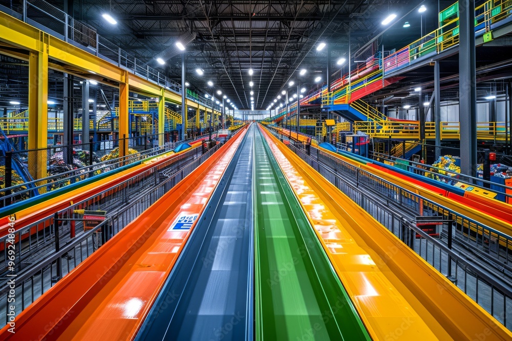 Poster wide-angle shot of a recycling center's sorting floor, with vibrant color-coded pathways and overhea